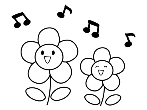 かわいい二輪の花と音符の白黒イラスト かわいい無料の白黒イラスト
