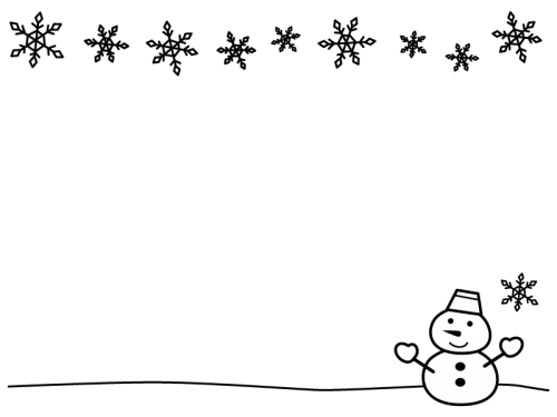 冬 雪だるまの上下フレーム 枠の白黒イラスト03 かわいい無料の白黒イラスト モノぽっと