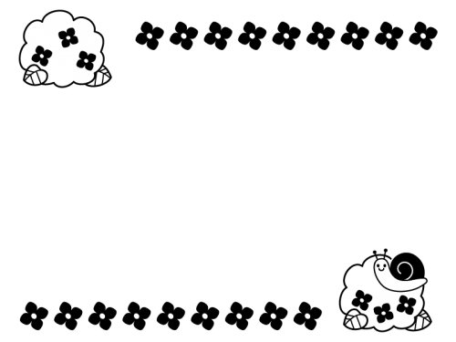 梅雨 カタツムリと紫陽花のフレーム 枠の白黒イラスト02 かわいい
