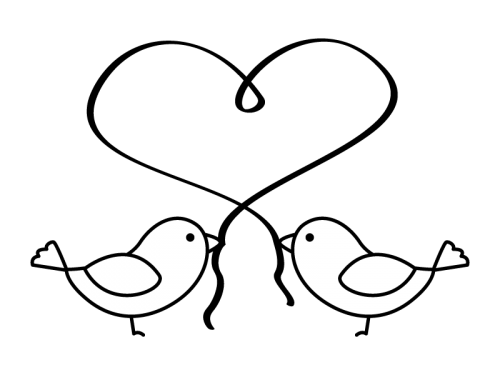 ハートのリボンと小鳥の白黒イラスト かわいい無料の白黒イラスト
