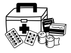 救急箱と薬などの白黒イラスト