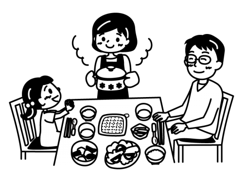 家族で食事をしている白黒イラスト かわいい無料の白黒イラスト モノぽっと